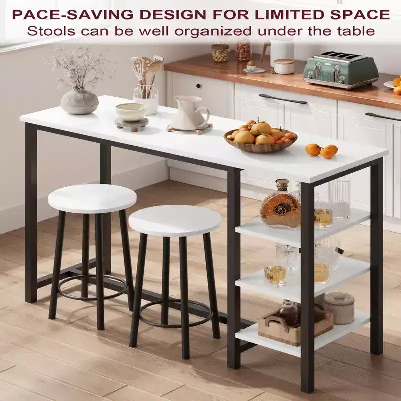 Ensemble table de bar et chaises 3 pièces avec 2 tabourets et étagères de rangement à 3 niveaux, table de comptoir de cuisine peu encombrante pour maison/cuisine