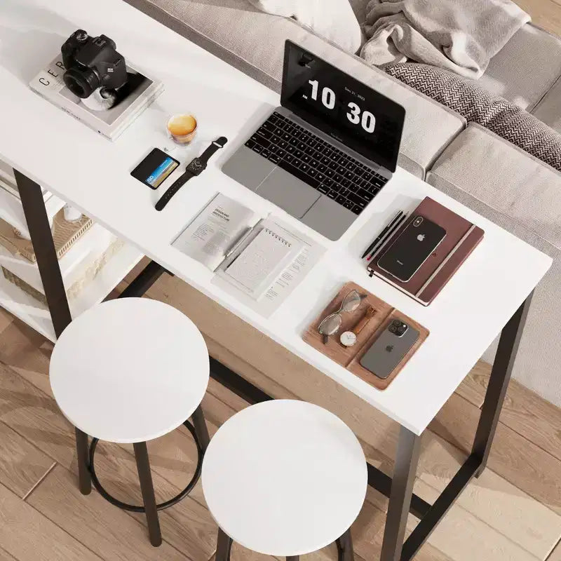 Ensemble table de bar et chaises 3 pièces avec 2 tabourets et étagères de rangement à 3 niveaux, table de comptoir de cuisine peu encombrante pour maison/cuisine