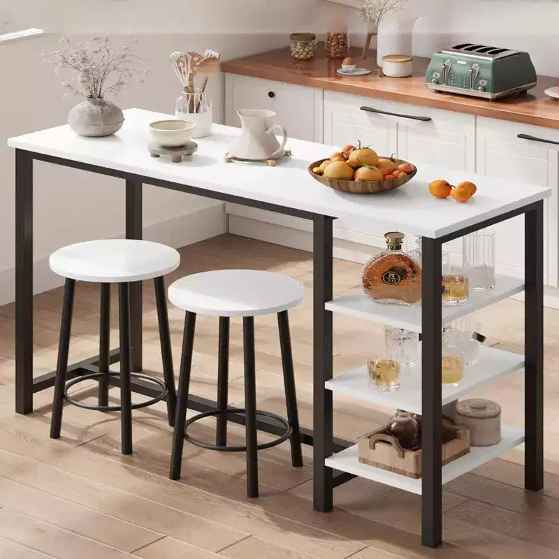 Ensemble table de bar et chaises 3 pièces avec 2 tabourets et étagères de rangement à 3 niveaux, table de comptoir de cuisine peu encombrante pour maison/cuisine