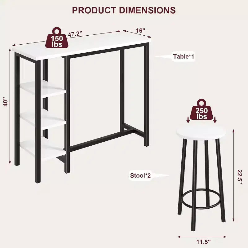 Ensemble table de bar et chaises 3 pièces avec 2 tabourets et étagères de rangement à 3 niveaux, table de comptoir de cuisine peu encombrante pour maison/cuisine