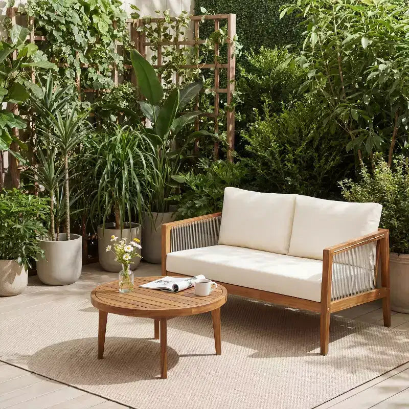 Christopher Knight Home Oliver Ensemble de patio côtier moderne 2 pièces en bois d'acacia et corde avec causeuse et table basse