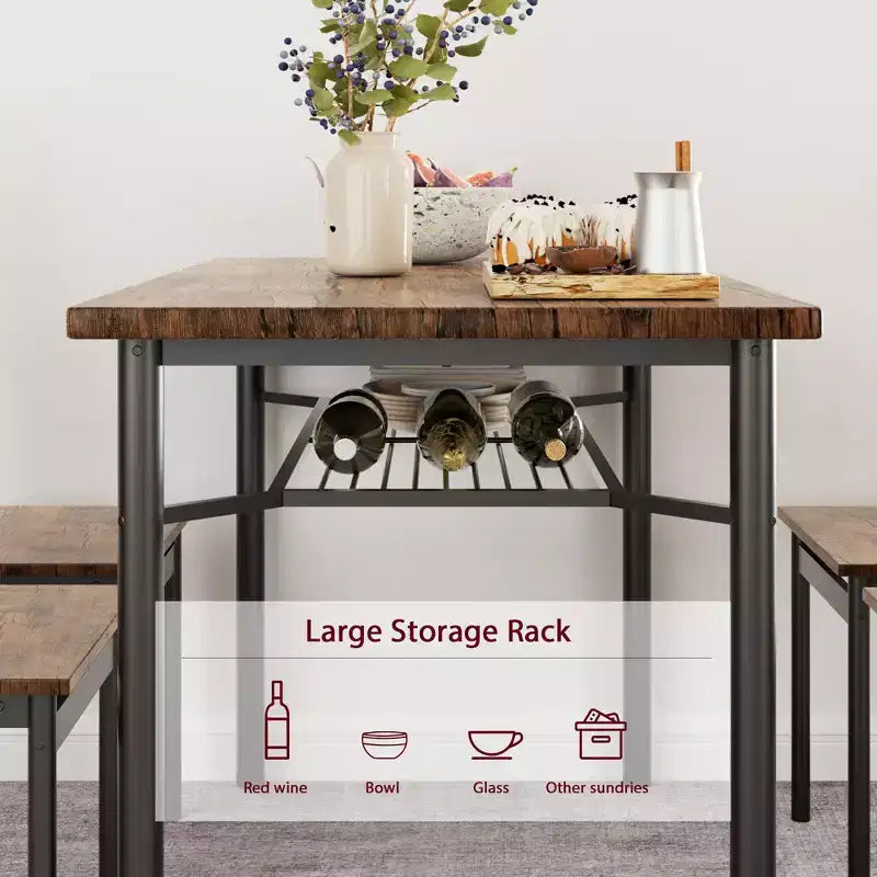Ensemble de salle à manger 5 pièces de style ferme marron pour 4 personnes, table de cuisine rectangulaire en bois avec 4 chaises et étagère de rangement pour salle à manger et petits espaces