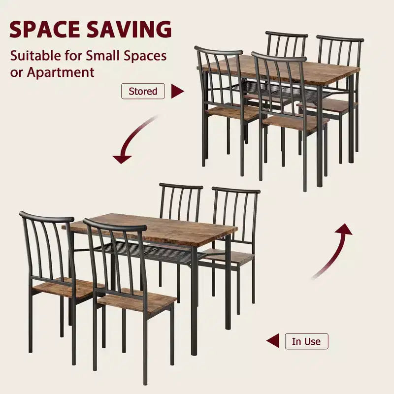 Ensemble de salle à manger 5 pièces de style ferme marron pour 4 personnes, table de cuisine rectangulaire en bois avec 4 chaises et étagère de rangement pour salle à manger et petits espaces