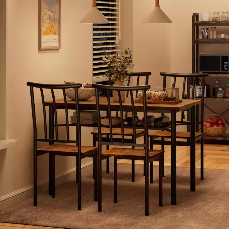 Ensemble de salle à manger 5 pièces de style ferme marron pour 4 personnes, table de cuisine rectangulaire en bois avec 4 chaises et étagère de rangement pour salle à manger et petits espaces