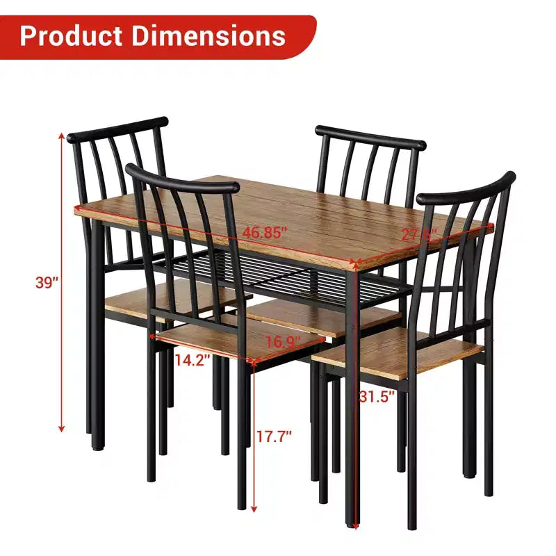 Ensemble de salle à manger 5 pièces de style ferme marron pour 4 personnes, table de cuisine rectangulaire en bois avec 4 chaises et étagère de rangement pour salle à manger et petits espaces