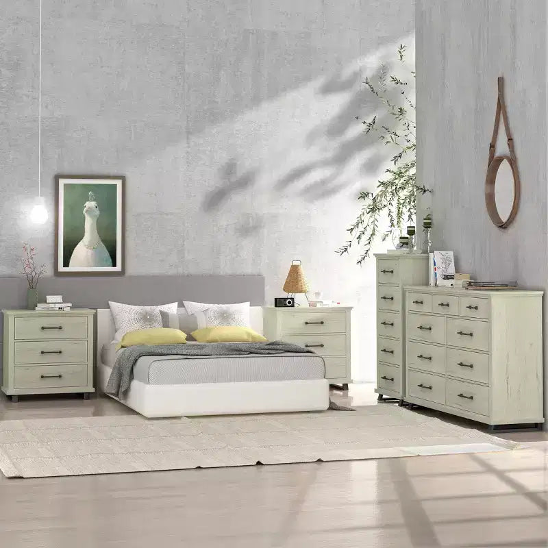 Commode, chiffonnier et tables de chevet contemporains Festivo 4 pièces coloris blanc cassé scié : design moderne, MDF, base en métal