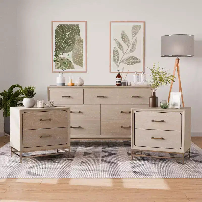 HOMES: Inside + Out Ensemble 3 pièces de 2 tables de chevet et commode en bois Neovesi Chêne Boho
