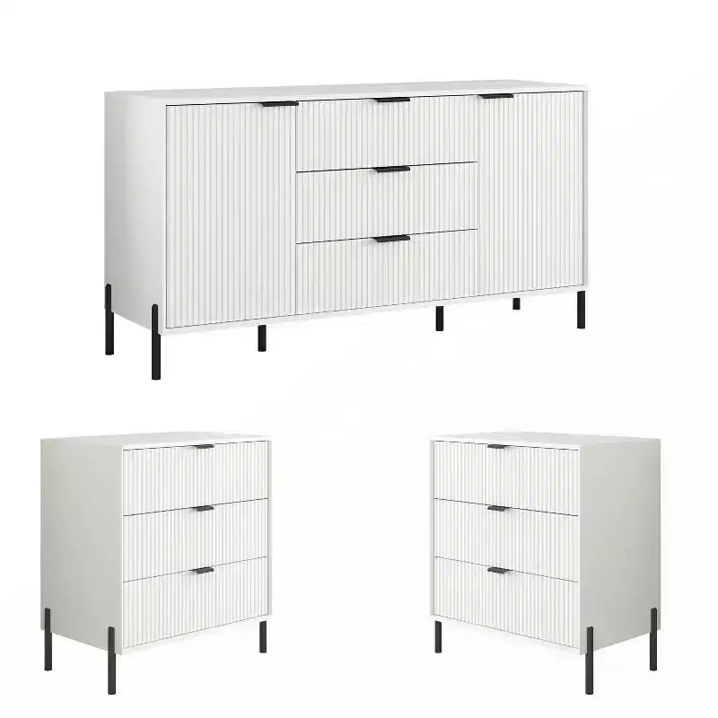 Festivo 3pc Modern Elegance 3 Drawer Nightstands and 3 Drawer Dresser Set Off-White