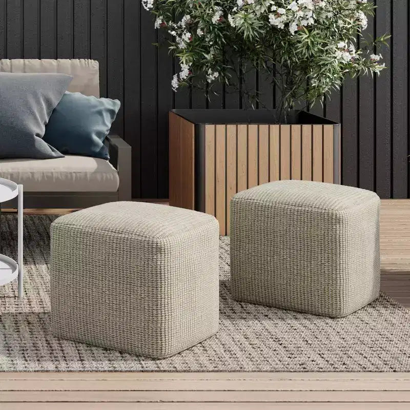 Isadora Square Woven PET Polyester Pouf Cream/Natural - WyndenHall: Indoor/Outdoor, UV Resistant, No Assembly Required