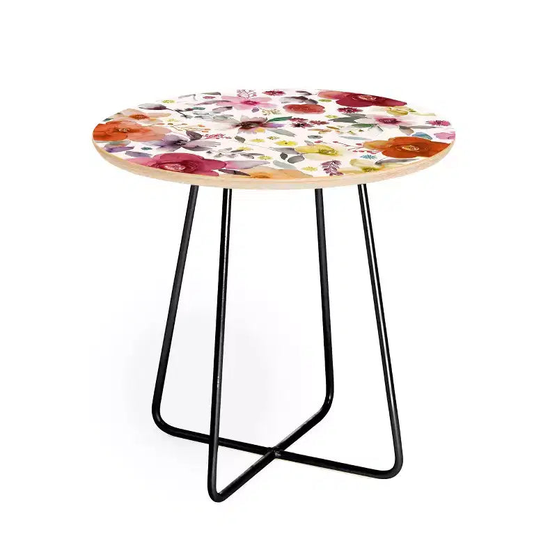 Round Ninola Design Bountiful Bouquet Countryside Red Side Table Red/Black - Deny Designs: Small Bedroom Accent Table, Stain-Resistant