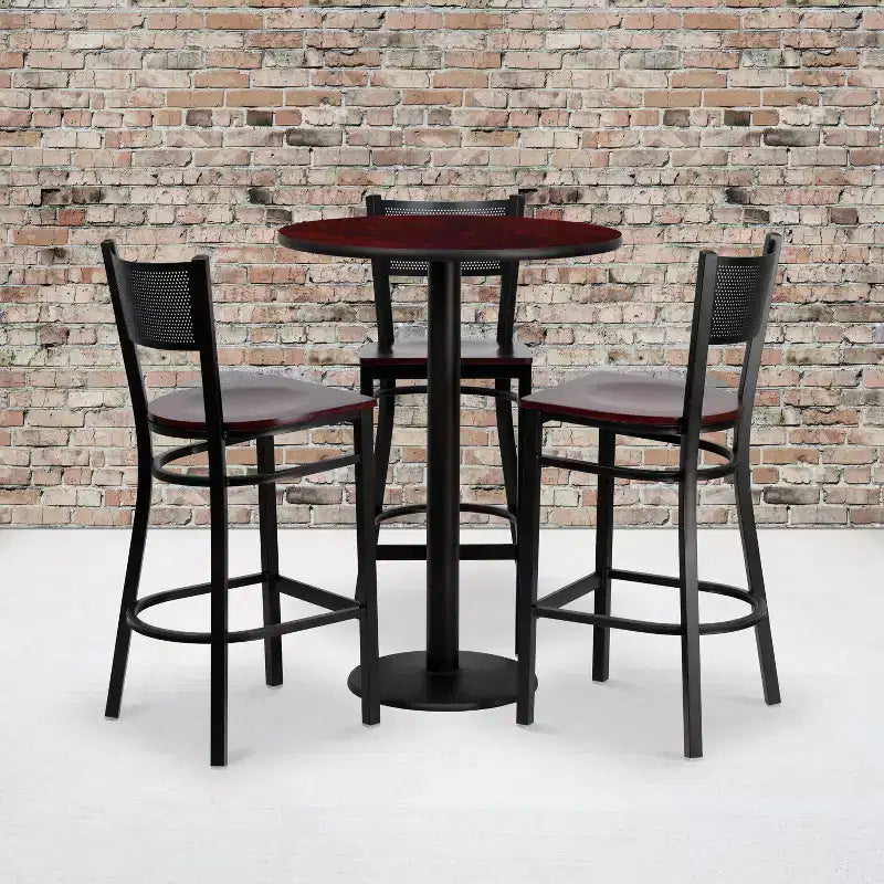Flash Furniture Ensemble de table ronde stratifiée de 30 po avec 3 tabourets de bar en métal à dossier quadrillé