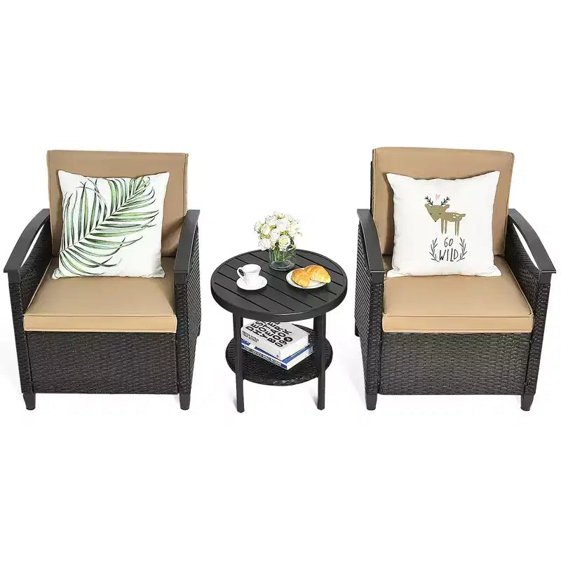 Costway Ensemble de Meubles de Jardin 3 Pièces en Rotin avec Canapé Coussiné Table de Rangement avec Étagère