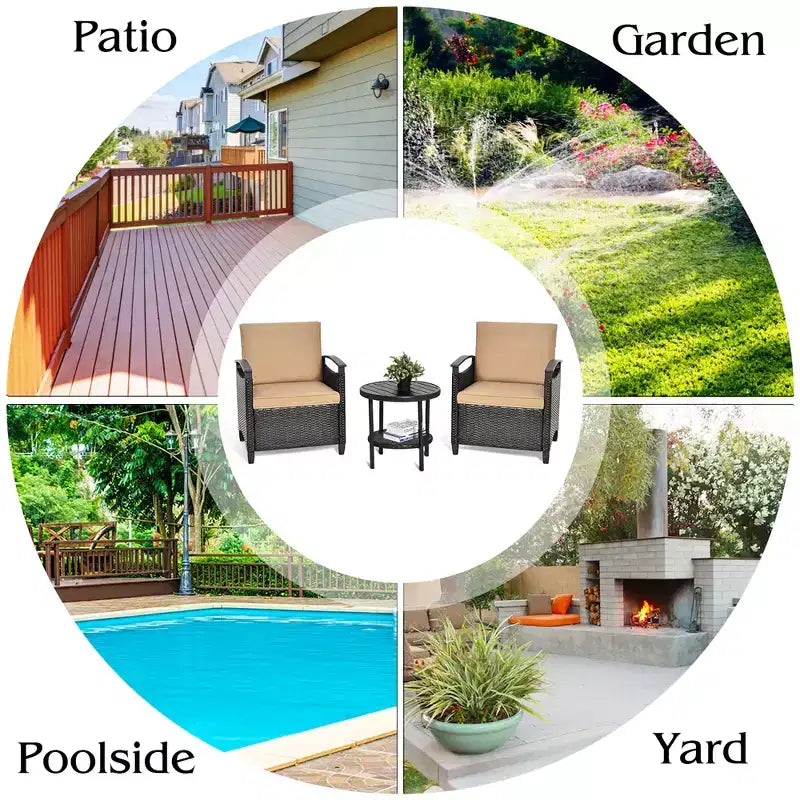 Costway Ensemble de Meubles de Jardin 3 Pièces en Rotin avec Canapé Coussiné Table de Rangement avec Étagère