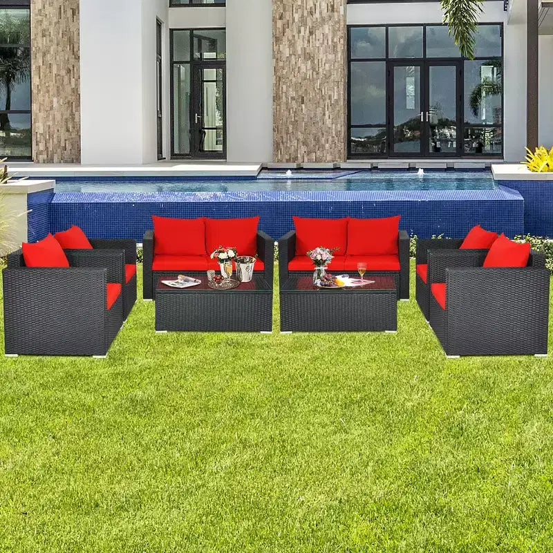 Costway Ensemble mobilier de jardin en rotin 8 pièces, canapé rembourré, chaise, table basse Turquoise/Rouge/Noir