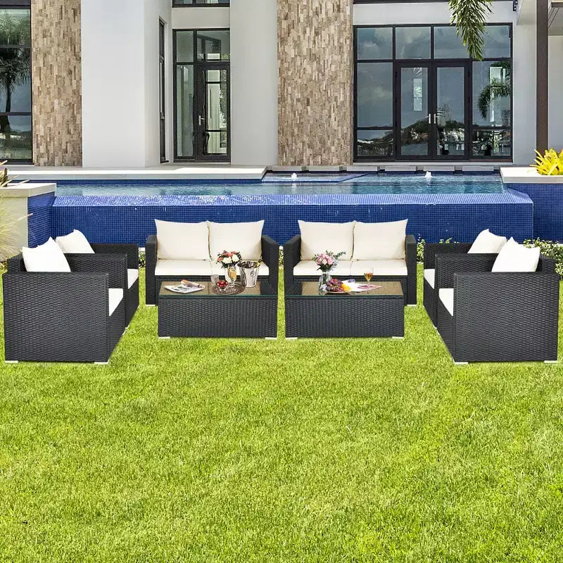 Costway Ensemble mobilier de jardin en rotin 8 pièces, canapé rembourré, chaise, table basse Turquoise/Rouge/Noir