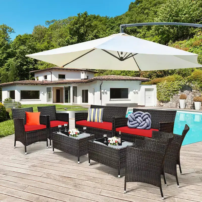 Costway Ensemble de Meubles de Jardin 8 Pièces en Rotin Canapé Rembourré Chaise Table Basse Rouge\Marron\Turquoise