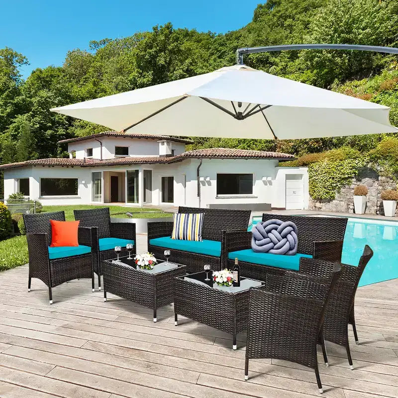 Costway Ensemble de Meubles de Jardin 8 Pièces en Rotin Canapé Rembourré Chaise Table Basse Rouge\Marron\Turquoise