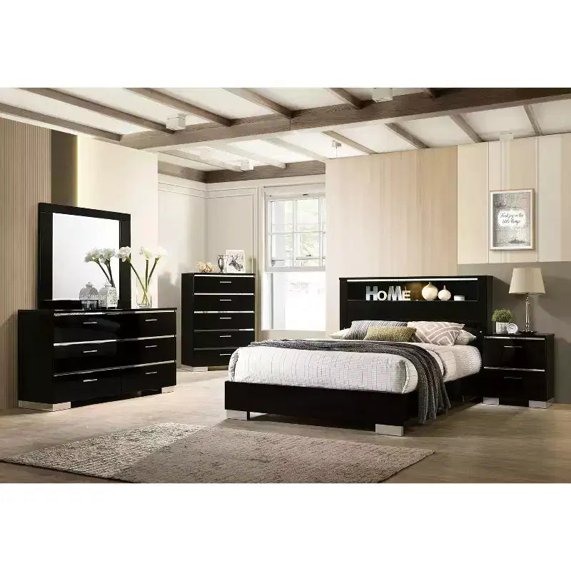 2 tables de chevet contemporaines Shorehaven et un ensemble de lit noir/chrome - miBasics