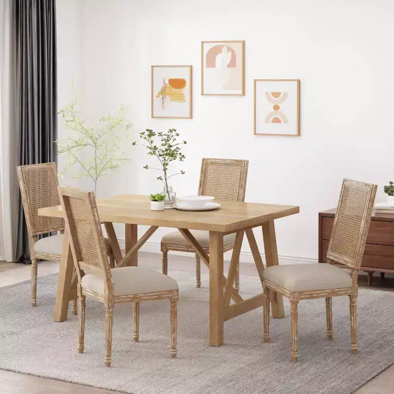 de 4 chaises de salle à manger capitonnées en bois et cannage de style campagnard français