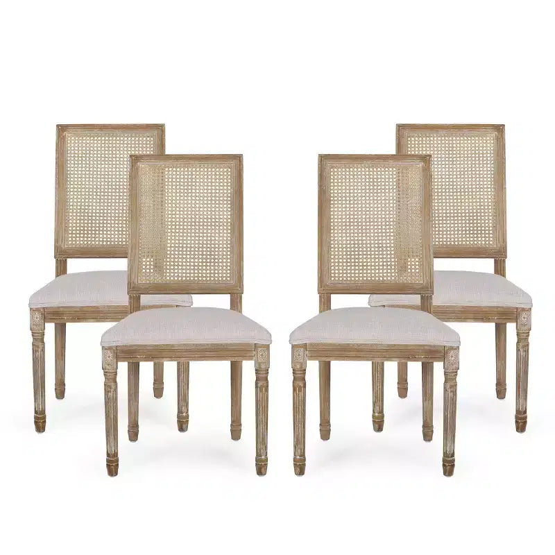 de 4 chaises de salle à manger capitonnées en bois et cannage de style campagnard français