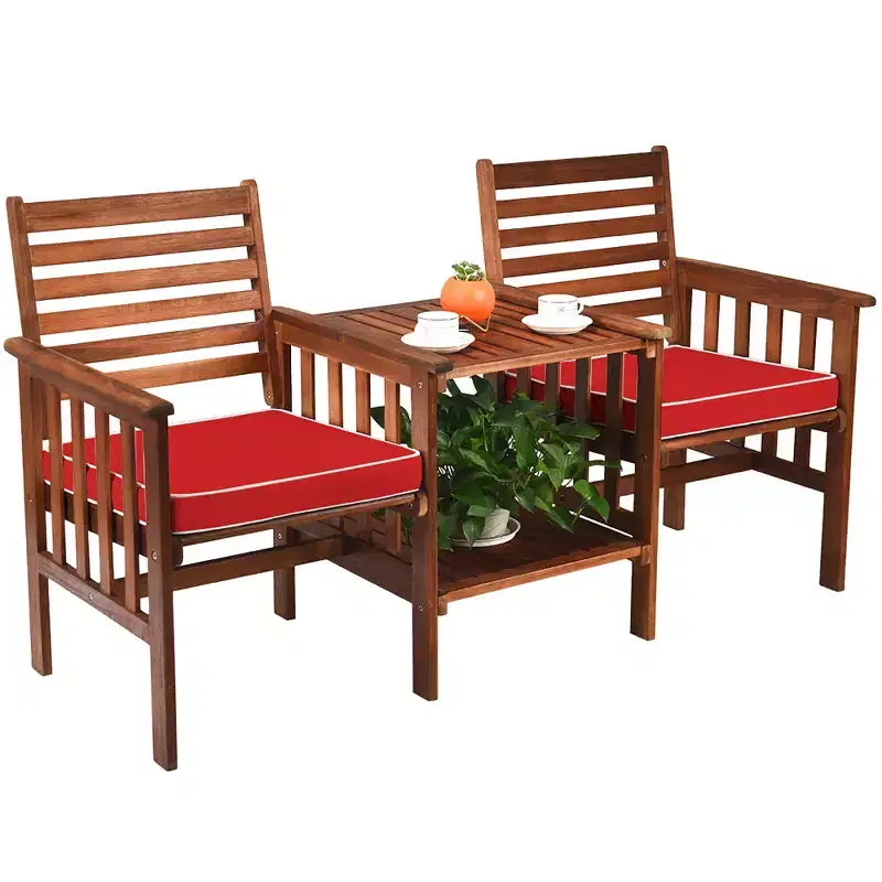 Costway Ensemble de conversation causeuse de patio en bois d'acacia avec table basse et coussins blanc/rouge
