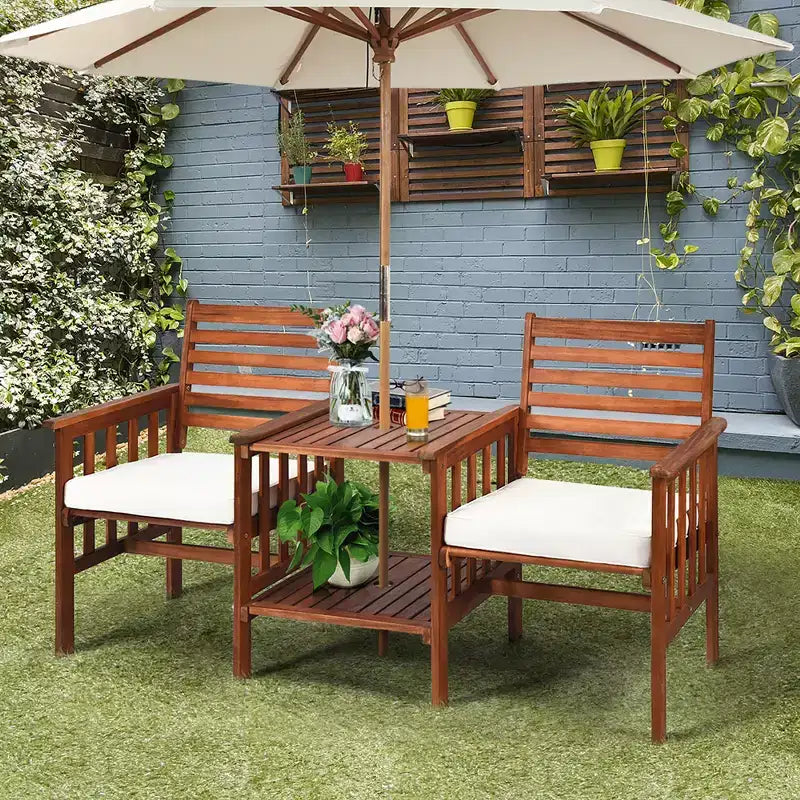 Costway Ensemble de conversation causeuse de patio en bois d'acacia avec table basse et coussins blanc/rouge