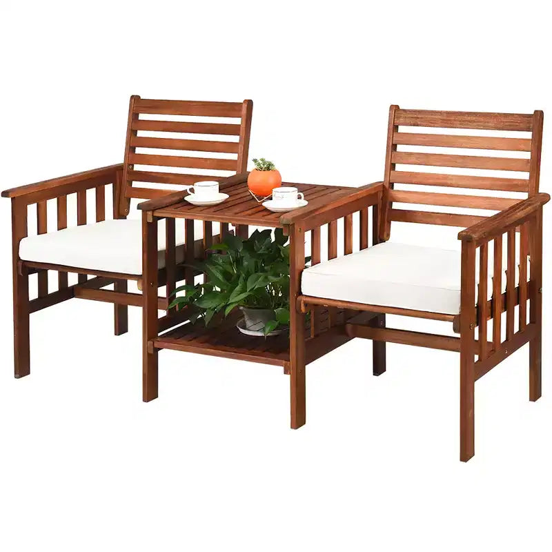 Costway Ensemble de conversation causeuse de patio en bois d'acacia avec table basse et coussins blanc/rouge