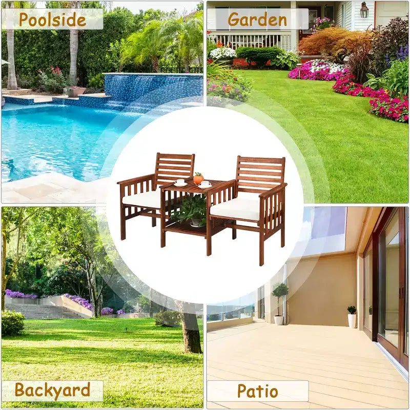 Costway Ensemble de conversation causeuse de patio en bois d'acacia avec table basse et coussins blanc/rouge