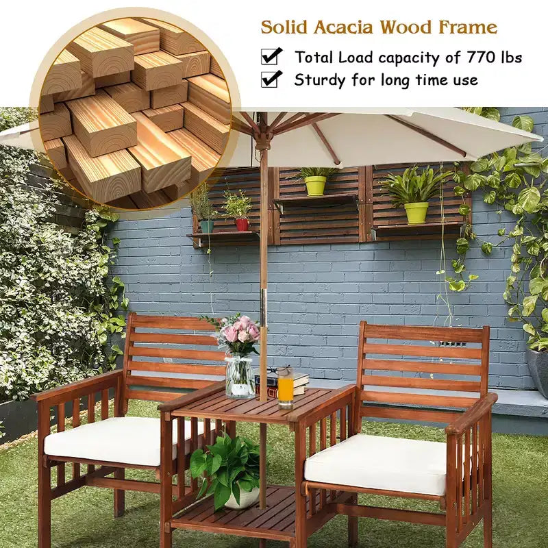 Costway Ensemble de conversation causeuse de patio en bois d'acacia avec table basse et coussins blanc/rouge