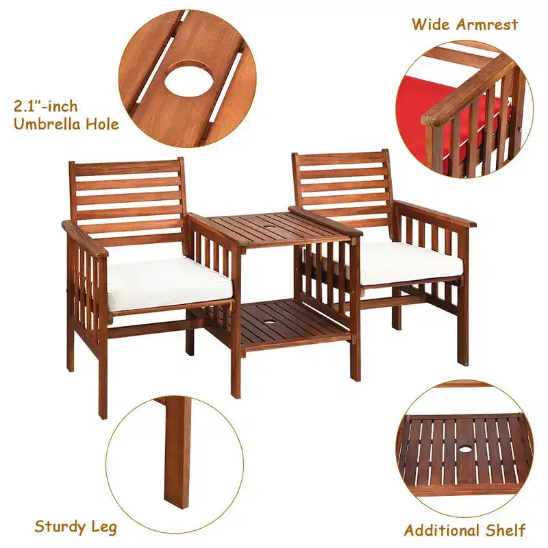 Costway Ensemble de conversation causeuse de patio en bois d'acacia avec table basse et coussins blanc/rouge