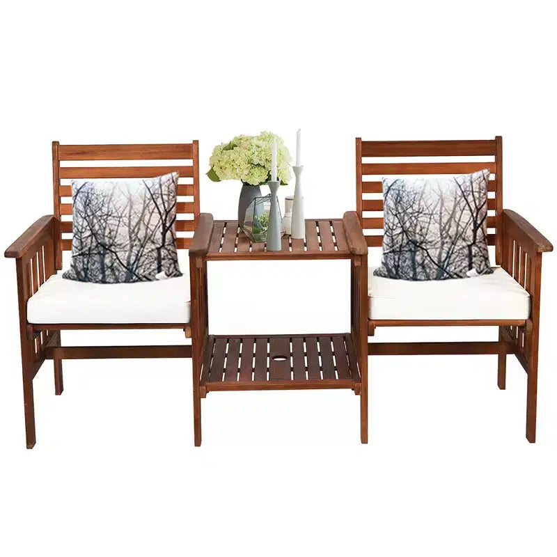 Costway Ensemble de conversation causeuse de patio en bois d'acacia avec table basse et coussins blanc/rouge