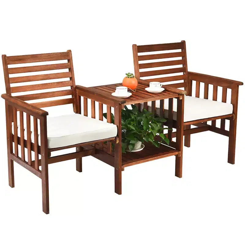 Costway Ensemble de conversation causeuse de patio en bois d'acacia avec table basse et coussins blanc/rouge