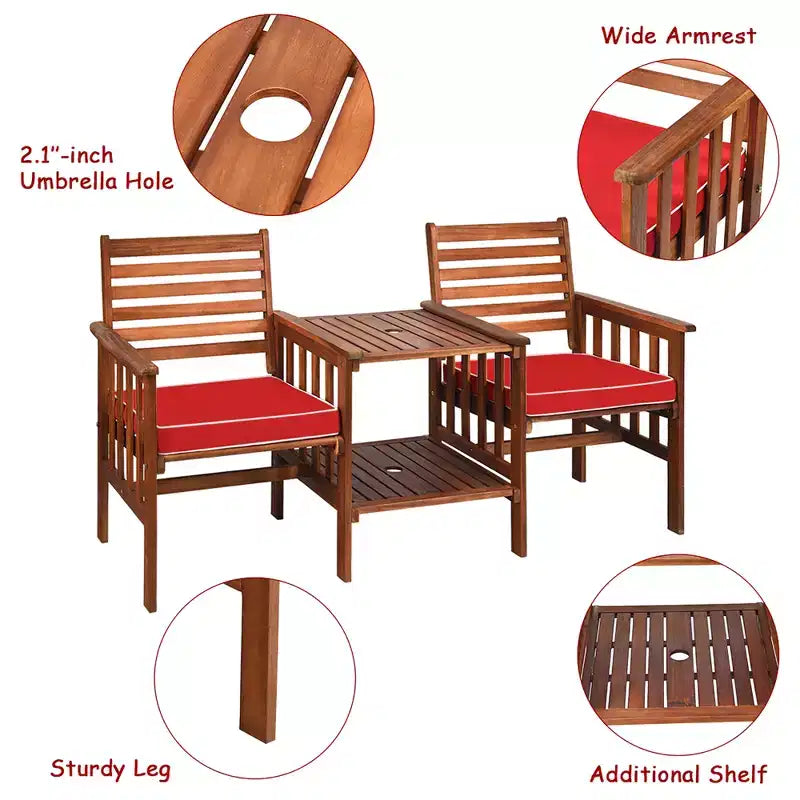 Costway Ensemble de conversation causeuse de patio en bois d'acacia avec table basse et coussins blanc/rouge