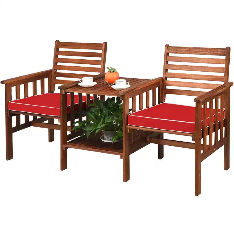 Costway Ensemble de conversation causeuse de patio en bois d'acacia avec table basse et coussins blanc/rouge