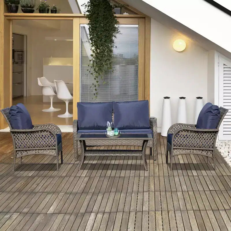 Outsunny Ensemble de Canapés 4 Pièces en Rotin Tressé d'Extérieur, Salon de Jardin en Rotin PE avec 4 Chaises et Table, Matériau Résistant à l'Eau