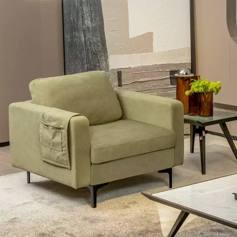 Fauteuil simple d'appoint en tissu de lin avec pochette latérale de rangement