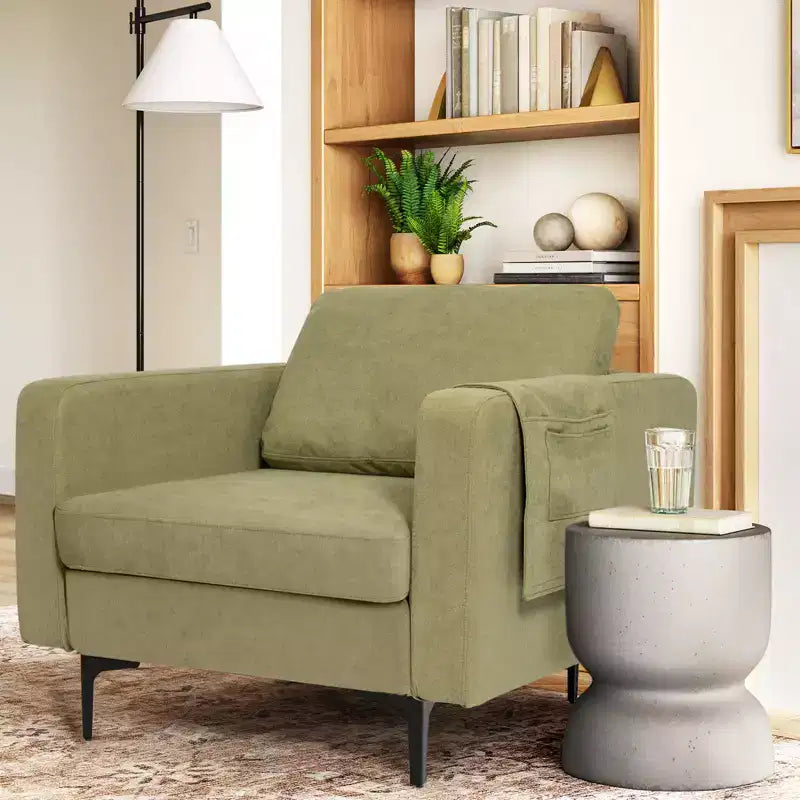 Fauteuil simple d'appoint en tissu de lin avec pochette latérale de rangement