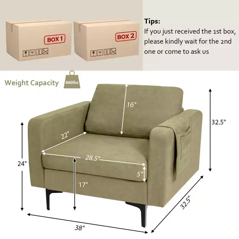 Fauteuil simple d'appoint en tissu de lin avec pochette latérale de rangement