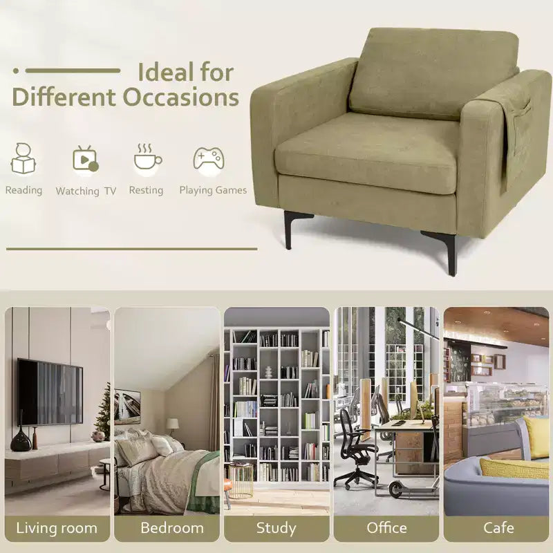 Fauteuil simple d'appoint en tissu de lin avec pochette latérale de rangement