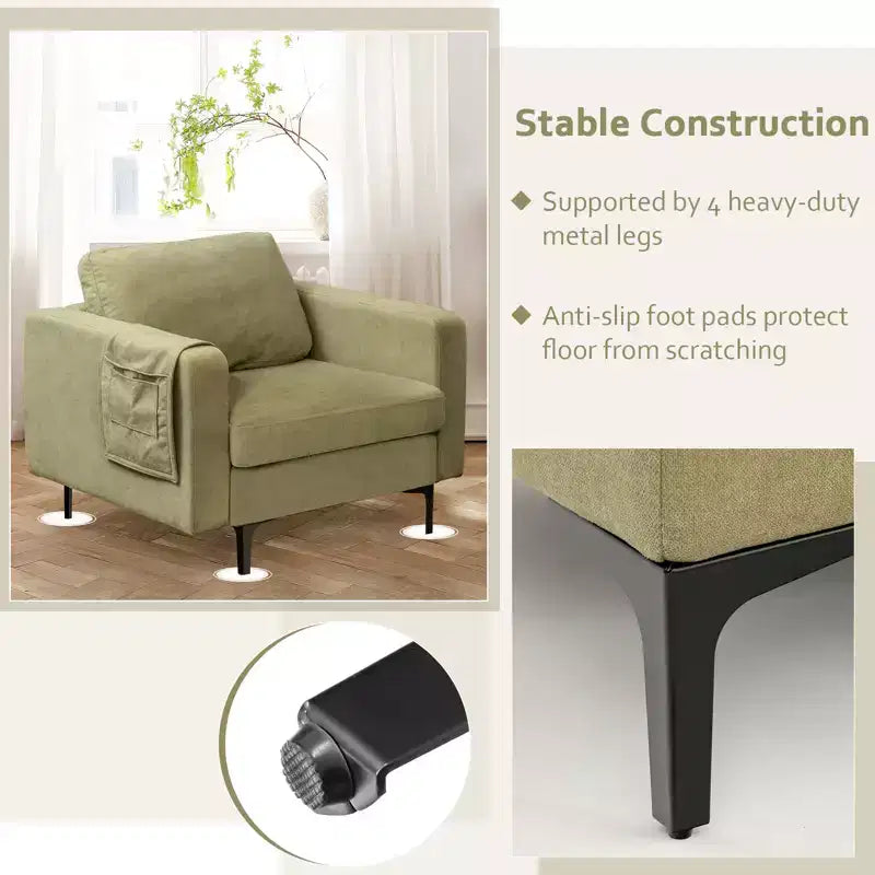 Fauteuil simple d'appoint en tissu de lin avec pochette latérale de rangement
