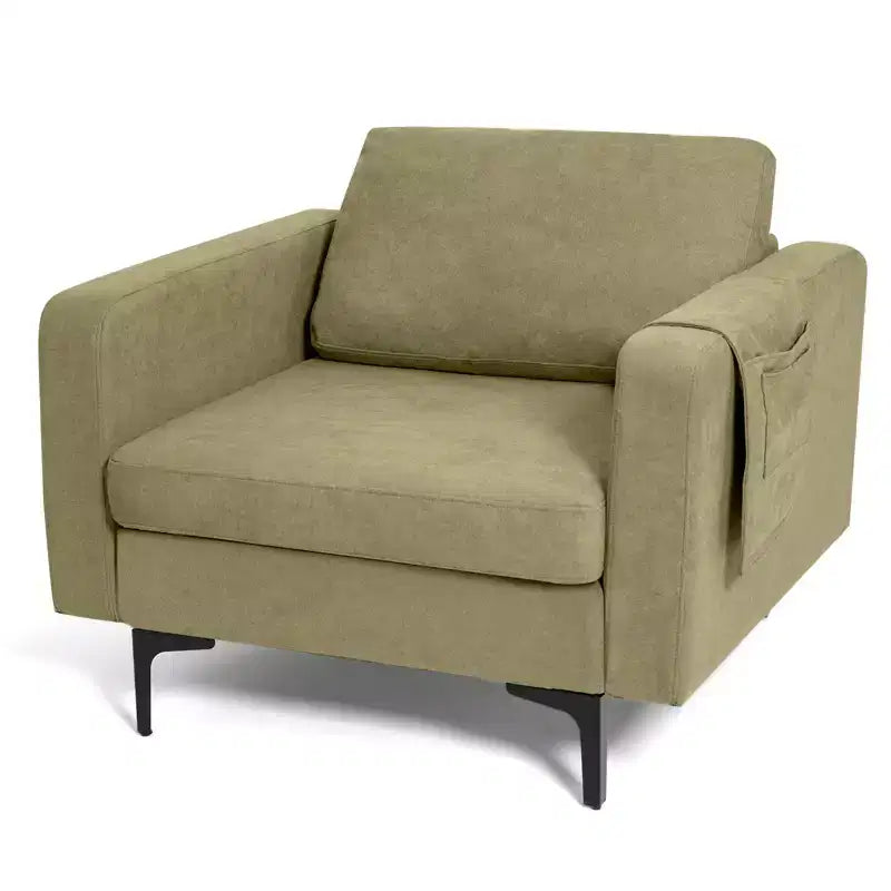 Fauteuil simple d'appoint en tissu de lin avec pochette latérale de rangement