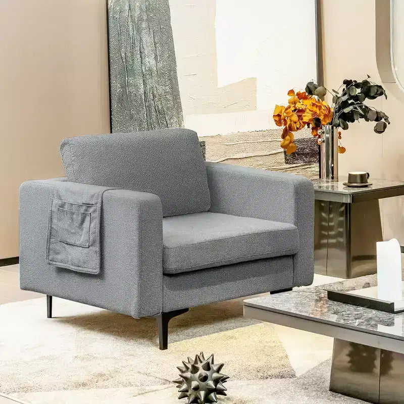 Fauteuil simple d'appoint en tissu de lin avec pochette latérale de rangement