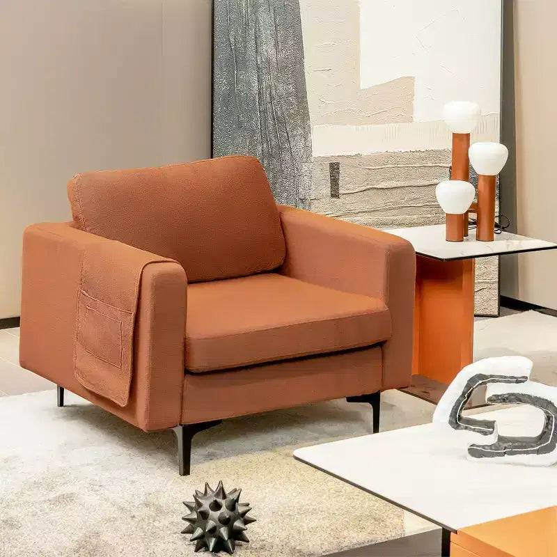 Fauteuil simple d'appoint en tissu de lin avec pochette latérale de rangement