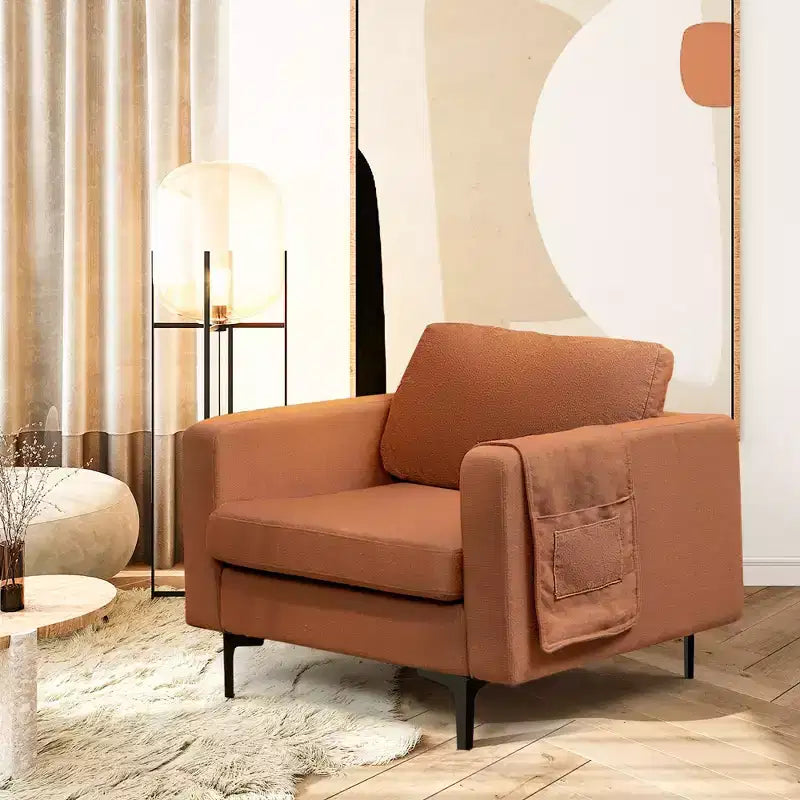 Fauteuil simple d'appoint en tissu de lin avec pochette latérale de rangement
