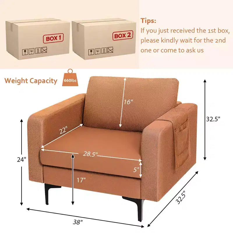 Fauteuil simple d'appoint en tissu de lin avec pochette latérale de rangement