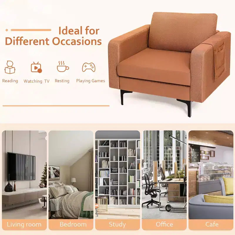 Fauteuil simple d'appoint en tissu de lin avec pochette latérale de rangement