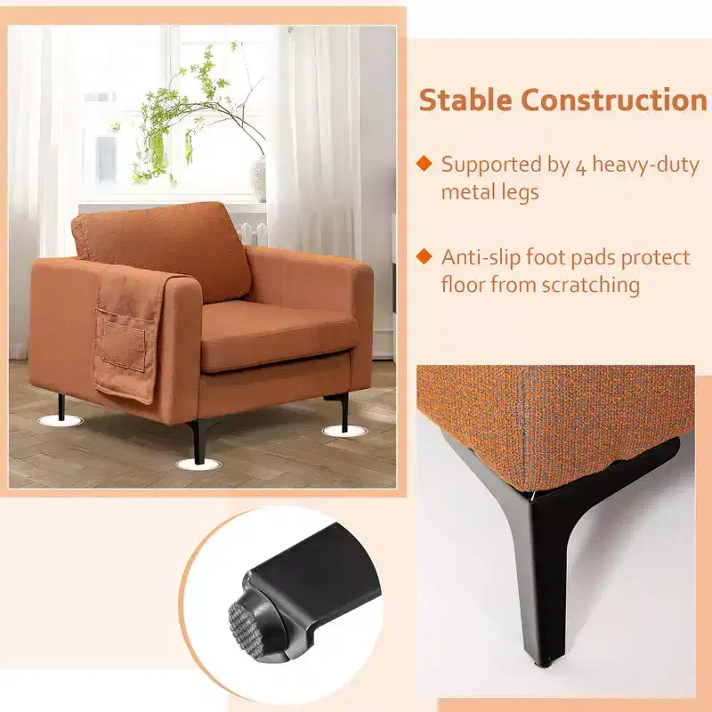 Fauteuil simple d'appoint en tissu de lin avec pochette latérale de rangement