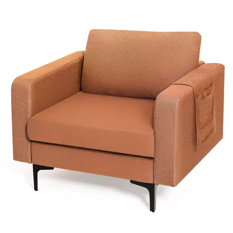 Fauteuil simple d'appoint en tissu de lin avec pochette latérale de rangement