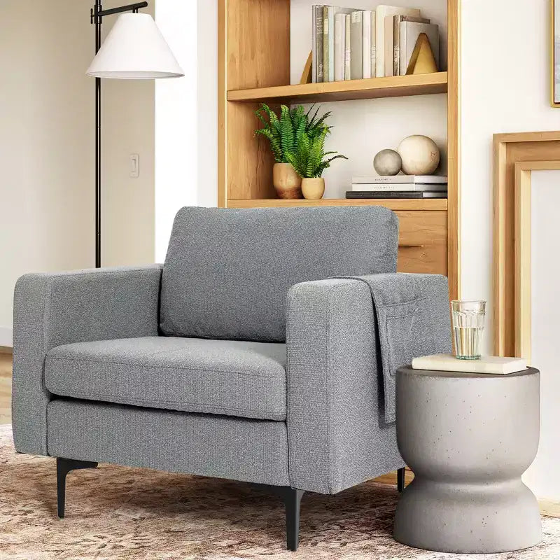 Fauteuil simple d'appoint en tissu de lin avec pochette latérale de rangement