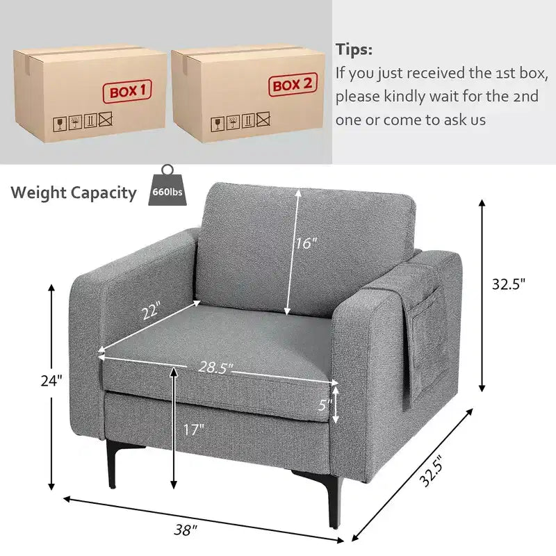 Fauteuil simple d'appoint en tissu de lin avec pochette latérale de rangement